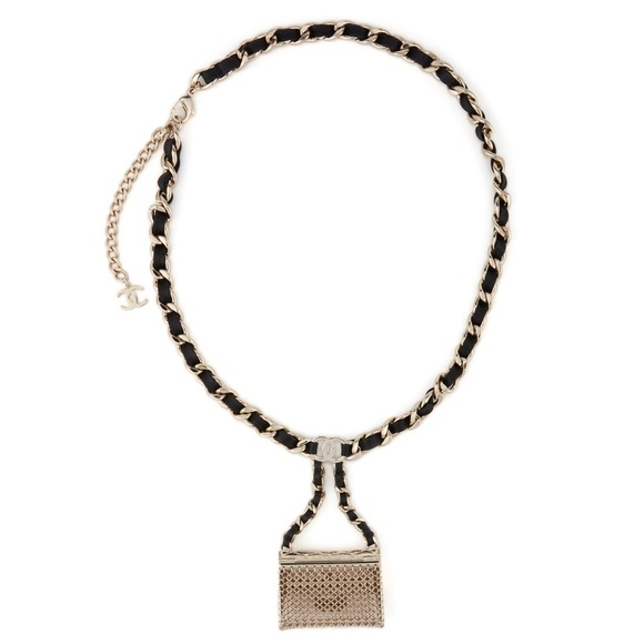 Chanel Gold and Black Micro Classic Flap Necklace in Metal and Lambskin Leather main image 13